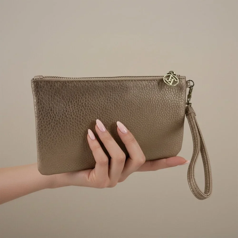 Nude Rose Gold Vegan Leather Convertible Wristlet Pouch‎